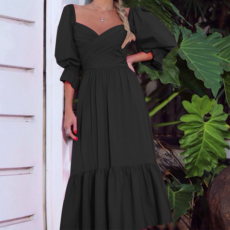 Women Sexy Off Shoulder Solid Lantern Sleeve Backless Maxi Dress