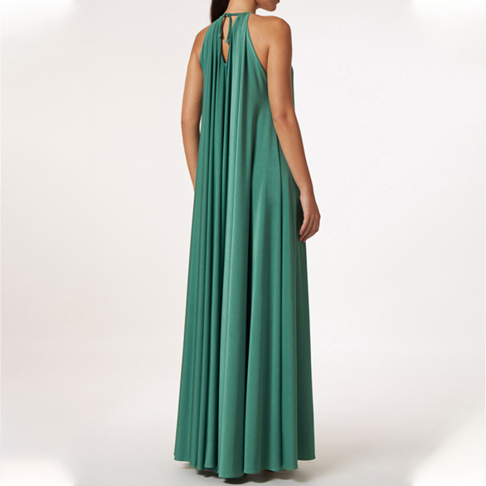 Women Elegant Robe Fashion O-Neck Hollow Sleeveless Casual High Waist Pleated Solid Maxi Dress