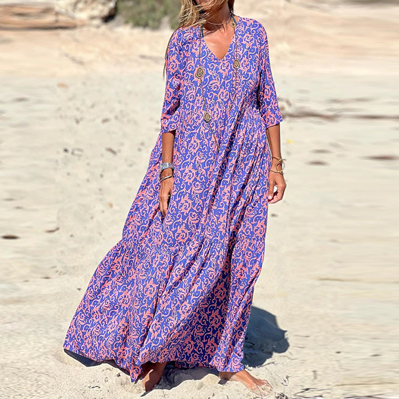 Women Vintage Print V-neck Bobemian Casual Loose Beach Maxi Dress
