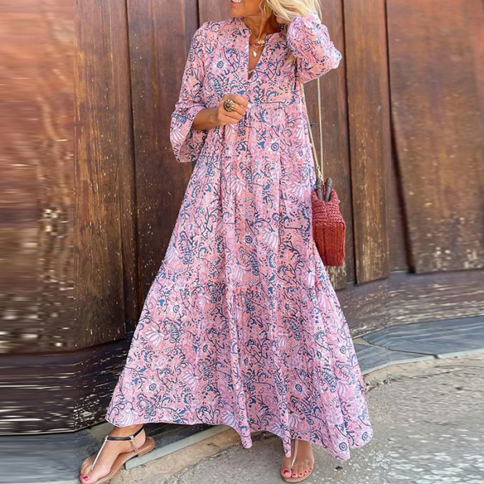 Women Floral Print V Neck Loose Party Three-quarter Sleeve Maxi Dress