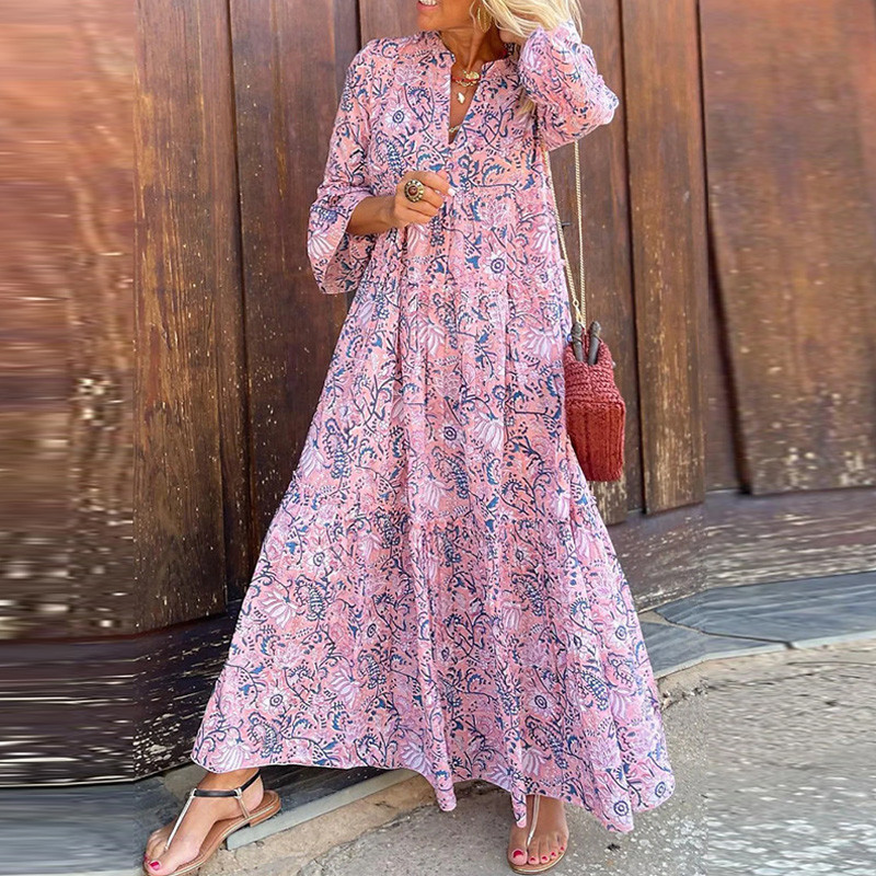 Women Floral Print V Neck Loose Party Three-quarter Sleeve Maxi Dress