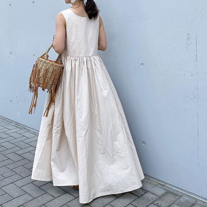 New Cotton Sleeveless Solid V-neck Side Pocket Maxi Dress