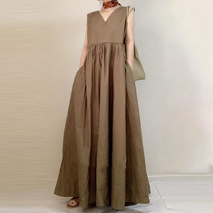 New Cotton Sleeveless Solid V-neck Side Pocket Maxi Dress