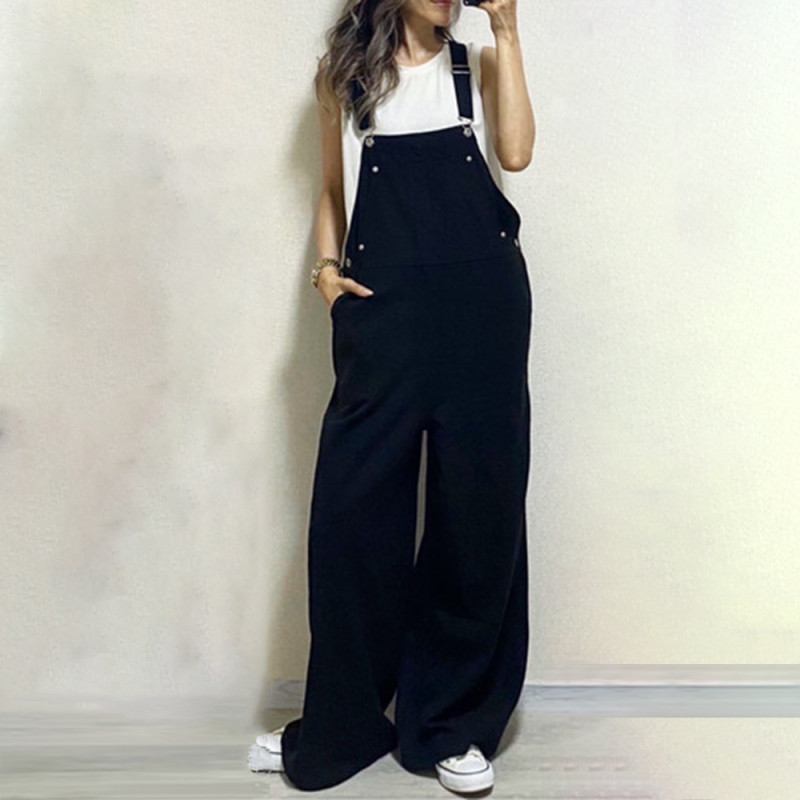 New Sleek Loose Suspenders Straight Solid Color Black Jumpsuit