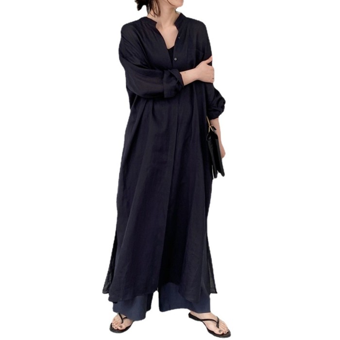 Women's New Solid Color Linen Loose Long Sleeves Thin Shirt Maxi Dress