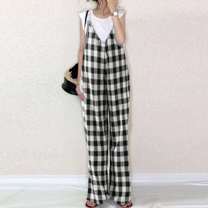 Women's New Loose High-waisted Casual Sleeveless Plaid Suspender Jumpsuit