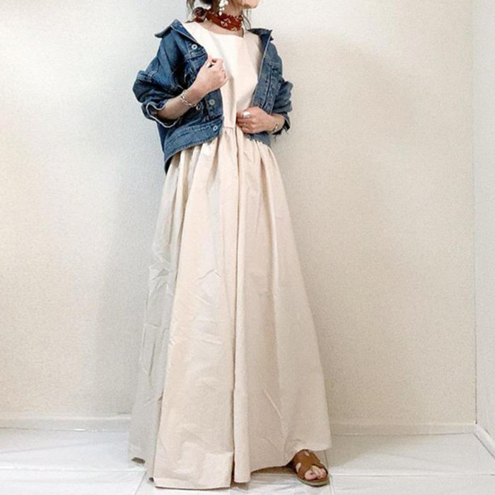 New Cotton Sleeveless Solid V-neck Side Pocket Maxi Dress