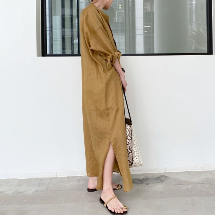 Women's New Solid Color Linen Loose Long Sleeves Thin Shirt Maxi Dress