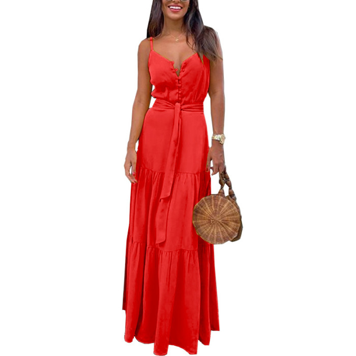 Women Sleeveless V-Neck Strappy Fashion Solid Color Casual High-Waisted Maxi Dress