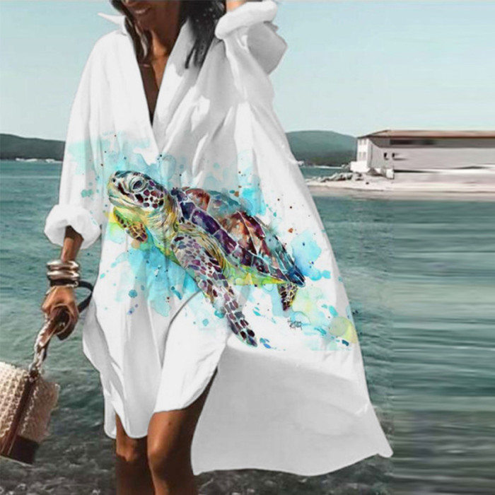 Women Lapel V-neck Long Sleeve Loose Oversize Print Shirt Dress