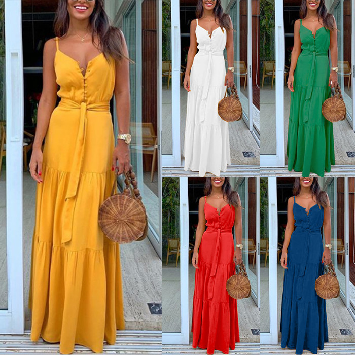 Women Sleeveless V-Neck Strappy Fashion Solid Color Casual High-Waisted Maxi Dress