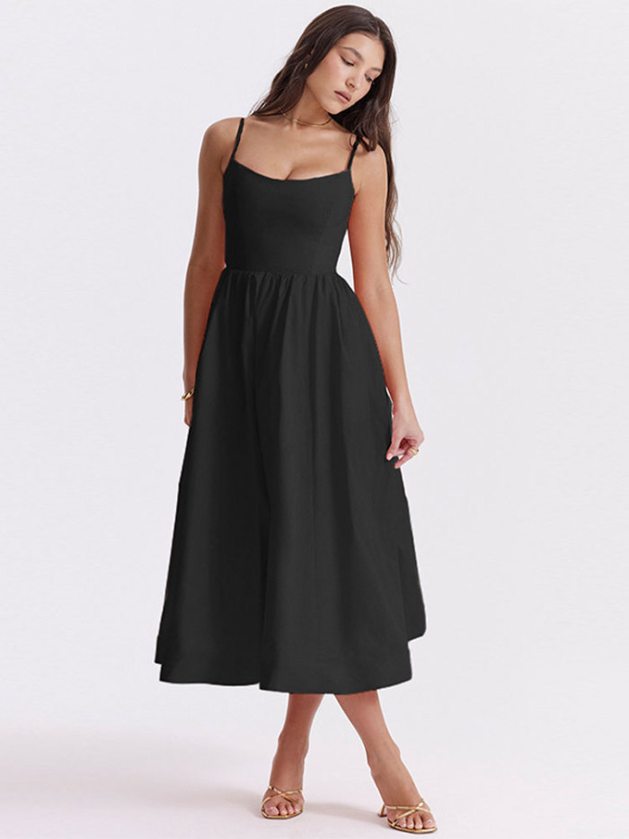 Women Elegant Solid Sleeveless Fashion Pleated Strap Midi Dress