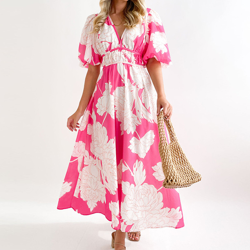 Fashion Print High Waist Chic Puff Sleeve V-Neck Maxi Dress