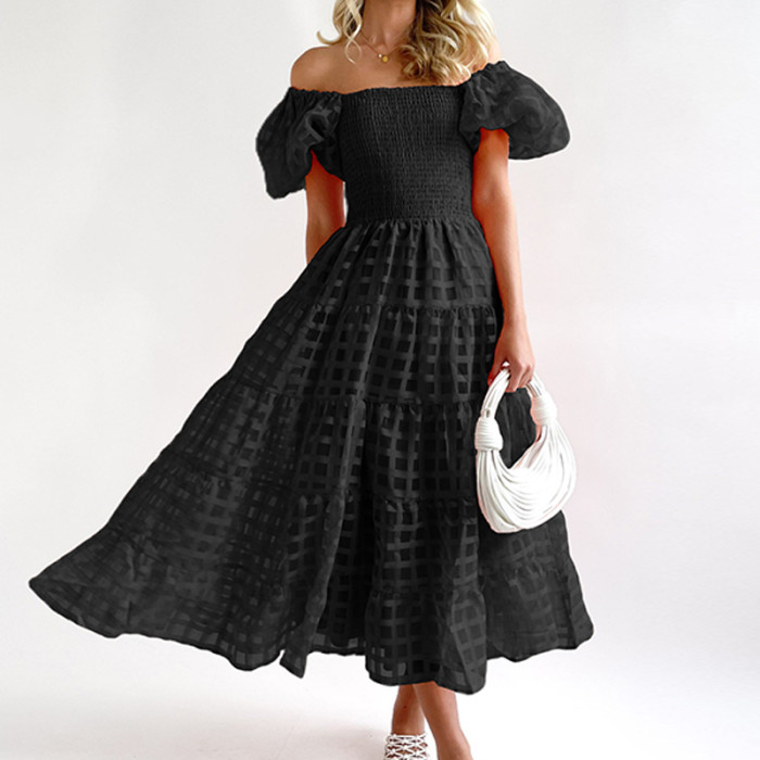 Women Slim Party Fashion Hollow Out Check Pattern Square Collar Puff Sleeve Maxi Dress