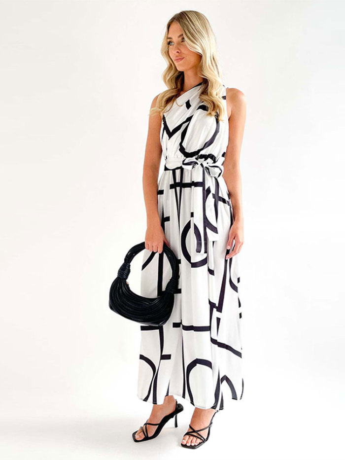 Sloping Shoulders Lace-up Print Sleeveless Sexy Fashion Street Holiday Maxi Dress