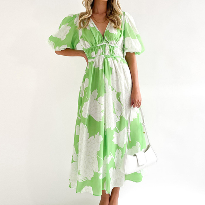 Fashion Print High Waist Chic Puff Sleeve V-Neck Maxi Dress