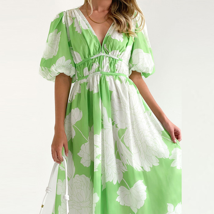 Fashion Print High Waist Chic Puff Sleeve V-Neck Maxi Dress