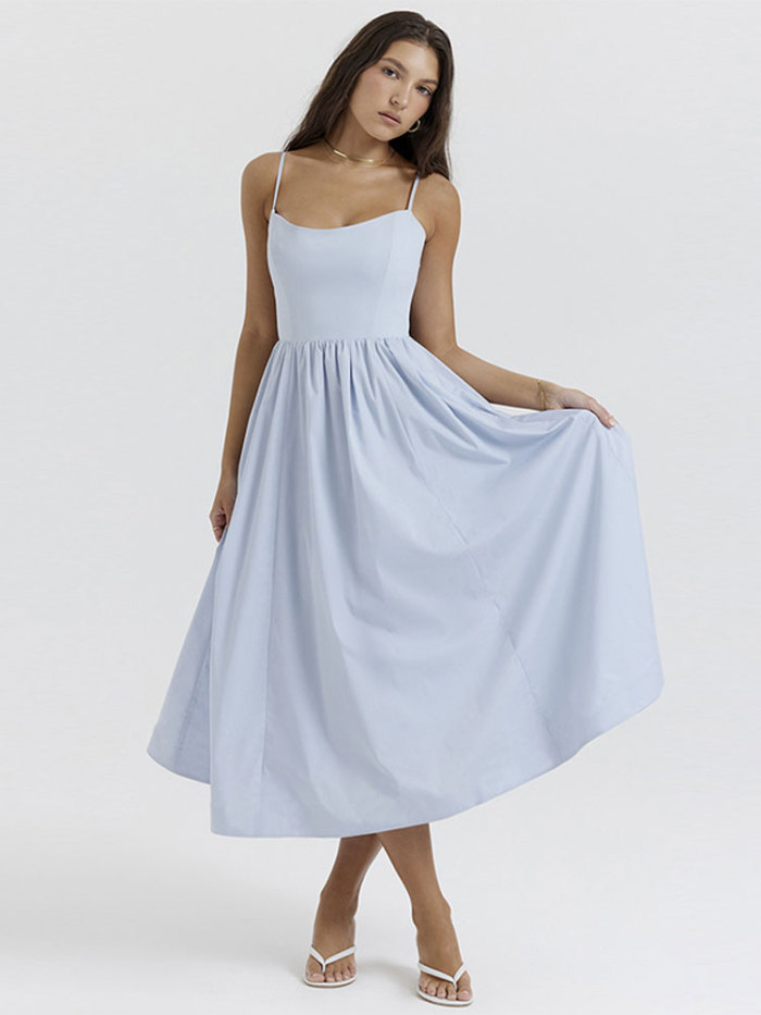 Women Elegant Solid Sleeveless Fashion Pleated Strap Midi Dress