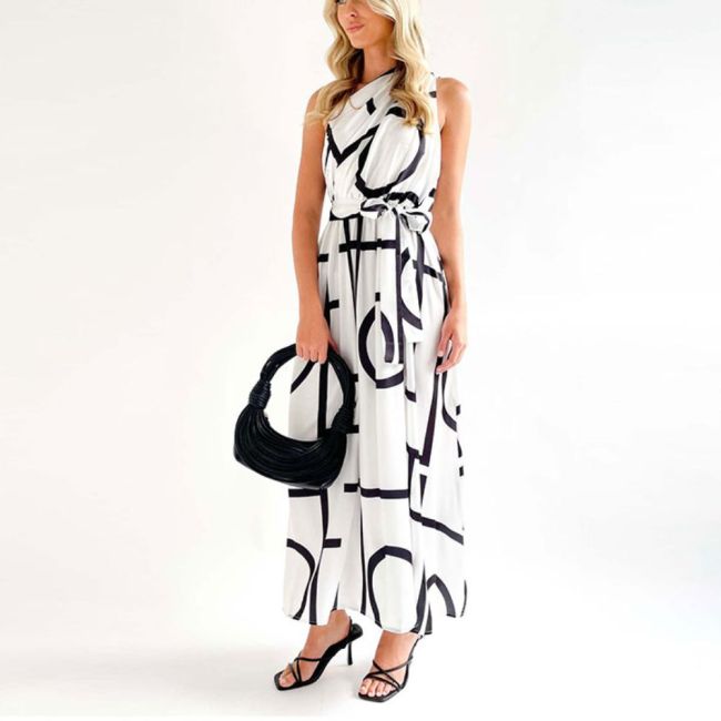 Sloping Shoulders Lace-up Print Sleeveless Sexy Fashion Street Holiday Maxi Dress