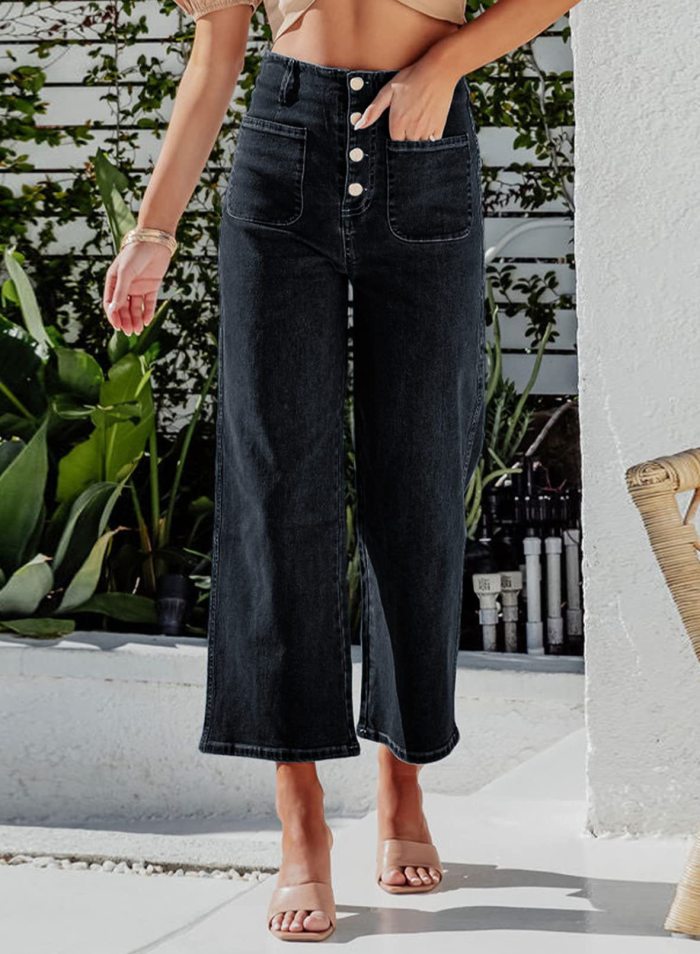 Vintage Loose Women's High Waist Button Decoration Casual Wide Leg Jeans