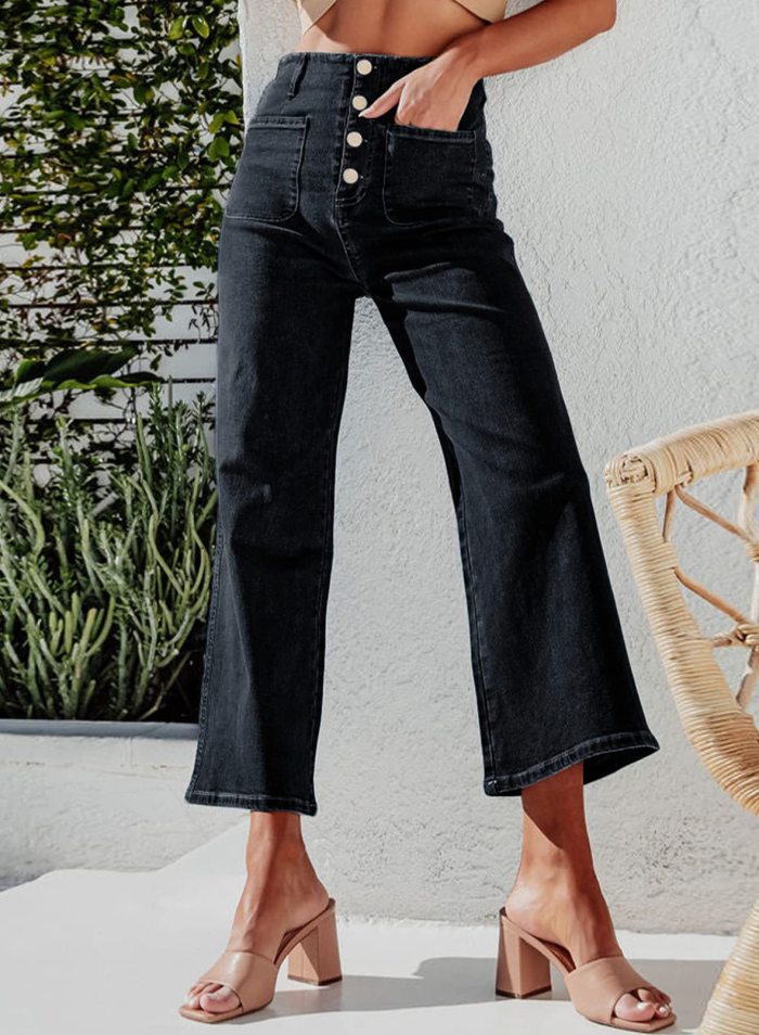 Vintage Loose Women's High Waist Button Decoration Casual Wide Leg Jeans