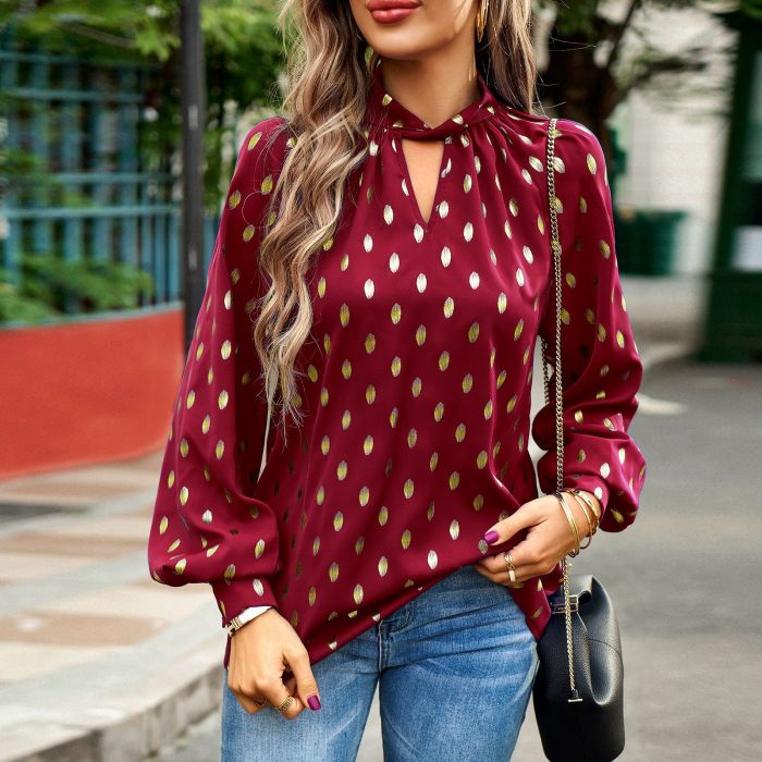 Women's Fashion Casual Polka Dot Print Long Sleeve Top Shirt