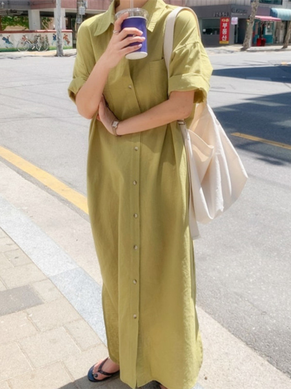 Short-sleeved Loose Casual Shirt-style Long Simple Comfortable Maxi Dress