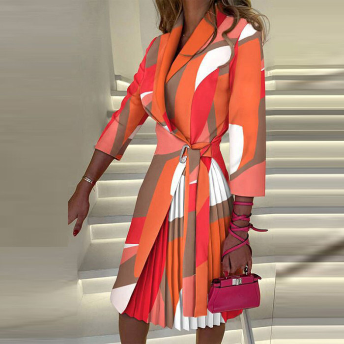 Women Patchwork Lace Up Elegant Print Long Sleeve Casual Midi Dress