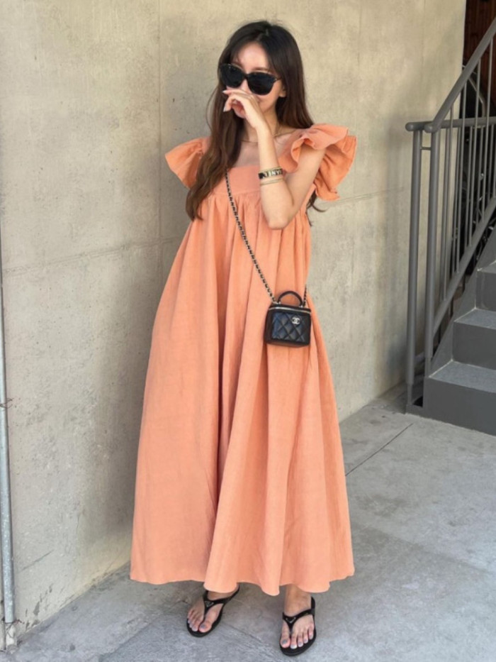 Women Fashion Short Sleeve Vintage Oversize Casual Streetwear Maxi Dress