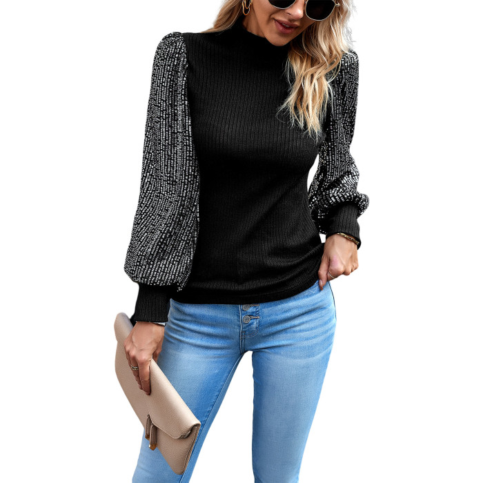 Women's Semi-high Neck Long Sleeves Sequin Panels Knit Top Sweater