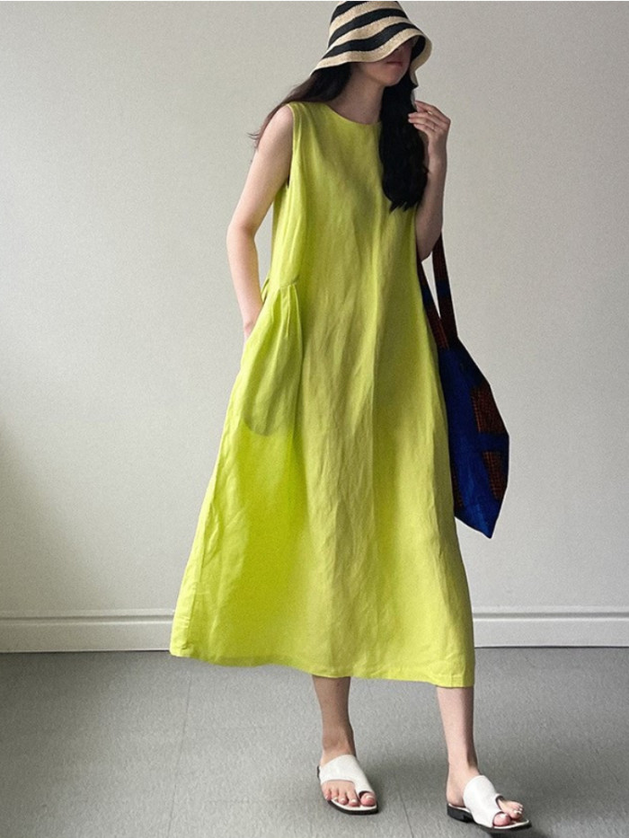Women Sleeveless Solid Elegant Casual Vintage Midi Dress
