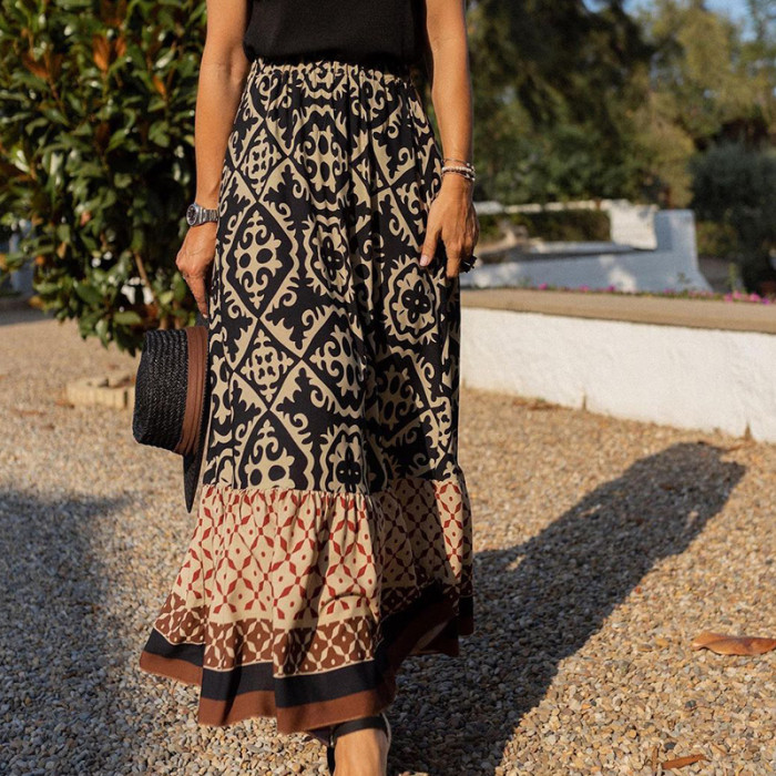 Women Elegant Print Ruffles Female Ankle-Length Skirt