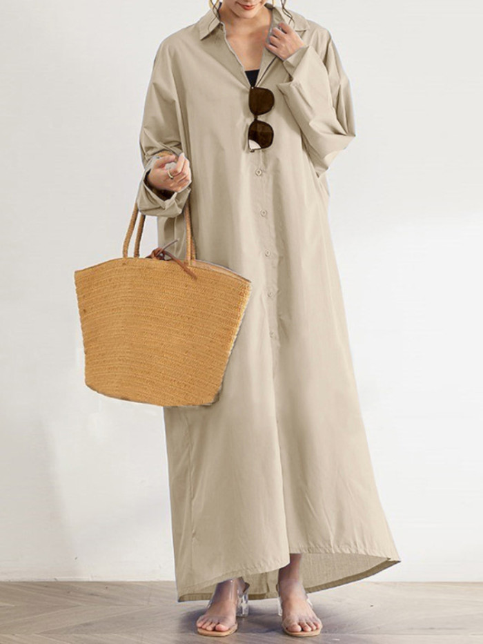 Women's Solid Color Loose Long Sleeve Shirt Elegant Party Maxi Dress