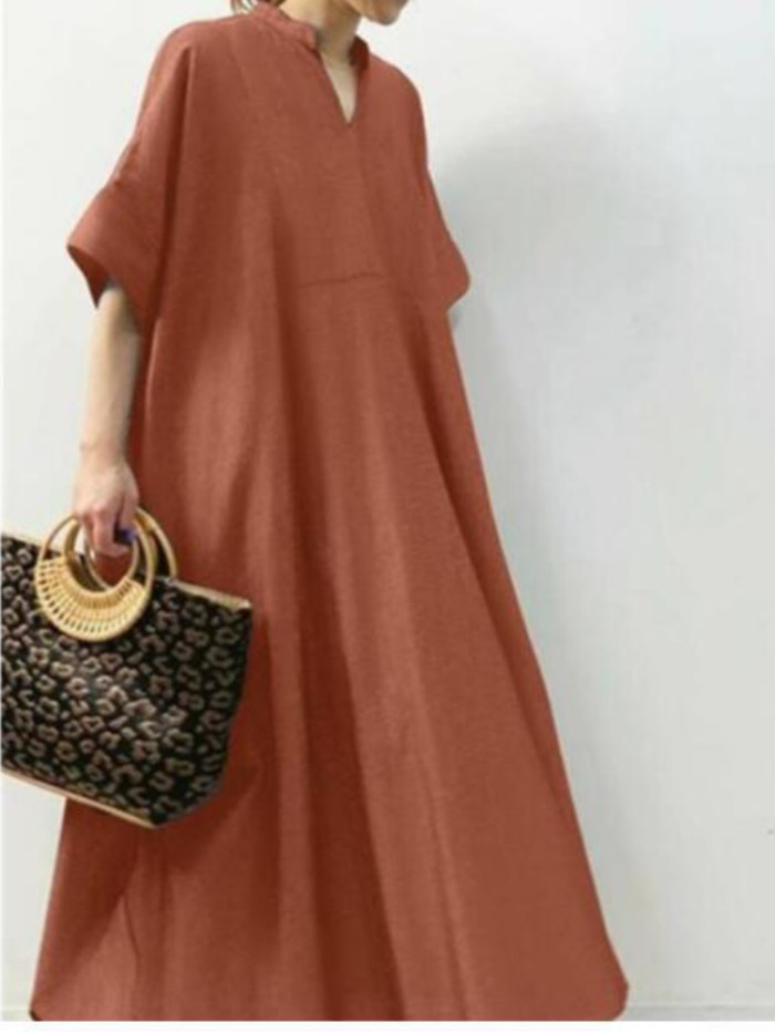 Women Fashion Short Sleeve Vintage Oversize Casual Maxi Dress