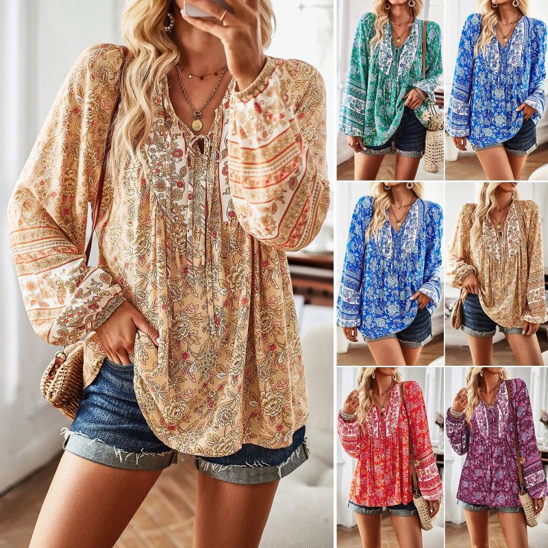 Women's Fashion Casual Print V-neck Long Sleeve Shirt