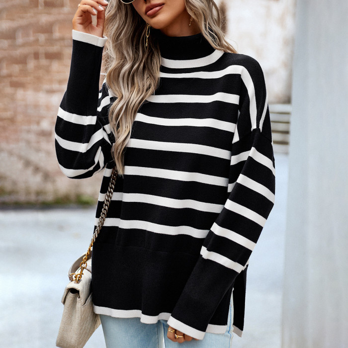 Women's Fashion Casual Striped Knit Top Turtleneck Sweater