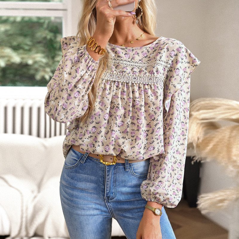 Women's Floral Round Neck Long Sleeve Blouse Shirt