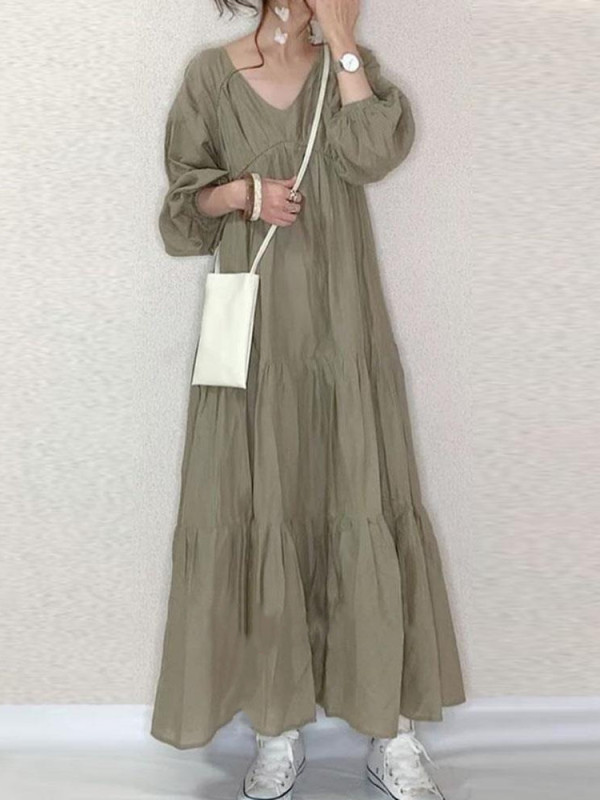Women's Solid Color Cotton Linen Retro Loose Casual Elegant Maxi Dress