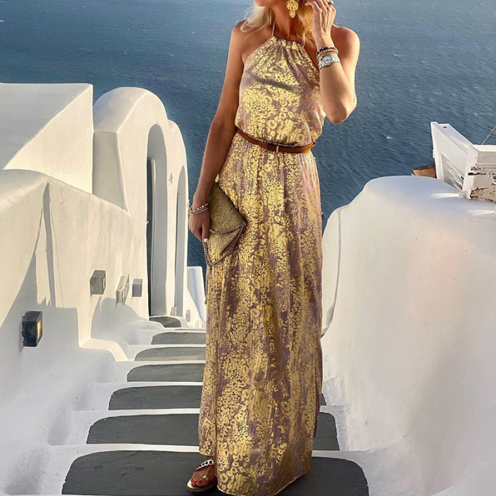 Women Casual Sleeveless Print Loose Beach Style Maxi Dress