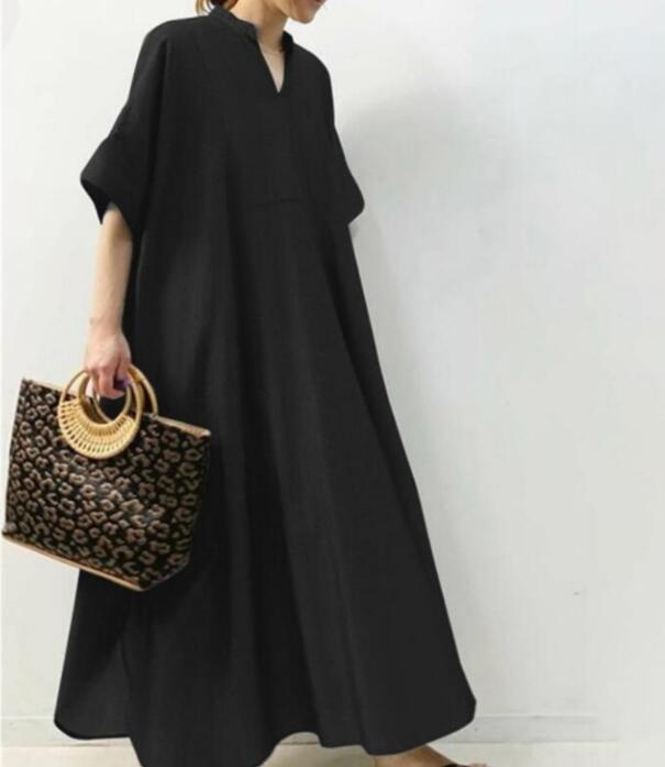 Women Fashion Short Sleeve Vintage Oversize Casual Maxi Dress