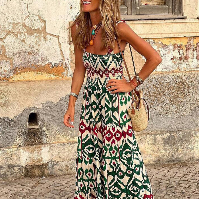 Bohemian Fashion Sleeveless Ruffle Casual V-Neck Loose Pleated  Maxi Dress