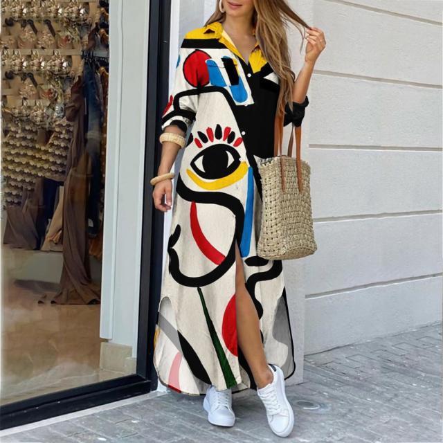 Women Single Breasted Button Irregular Sexy Print Maxi Dress