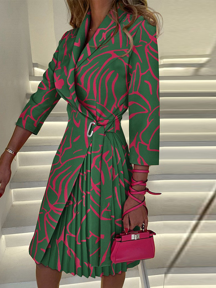 Women Patchwork Lace Up Elegant Print Long Sleeve Casual Midi Dress