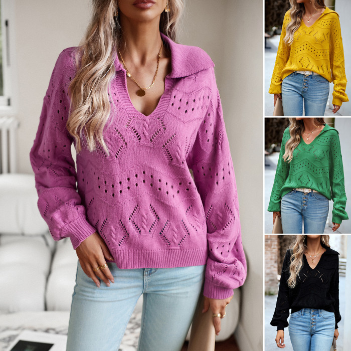 Women's Fashion Casual Solid Color PoLo Collar Long Sleeve Knitted Sweater