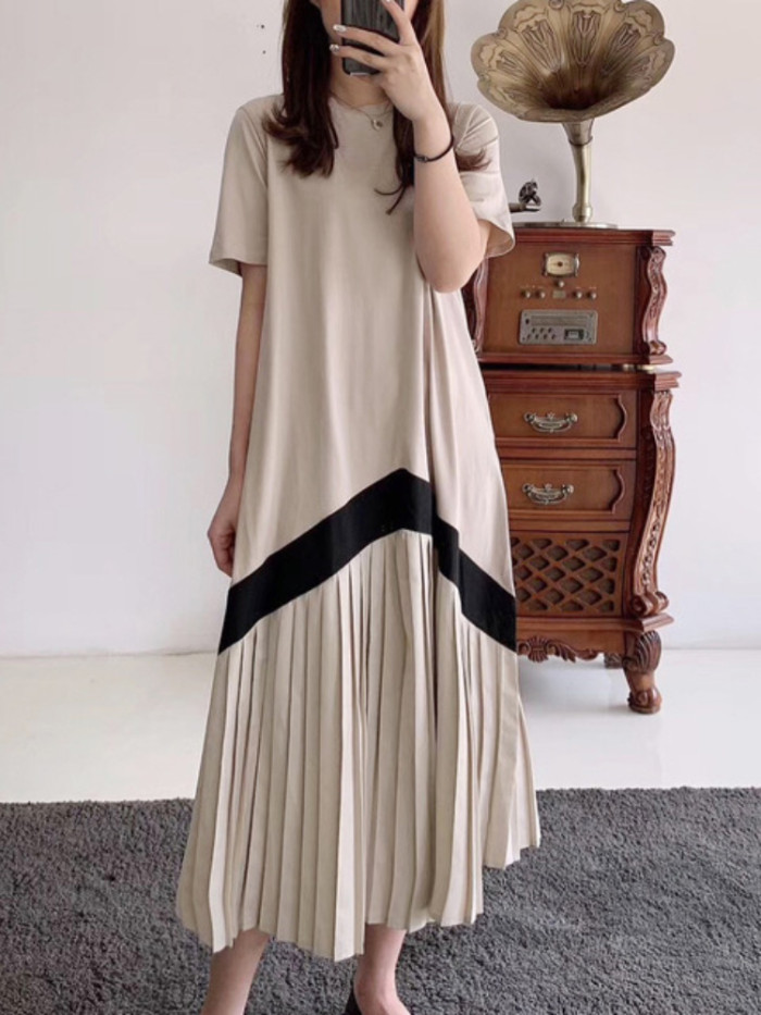 Women's Pleated Short Sleeve Loose Elegant Casual  Maxi Dress
