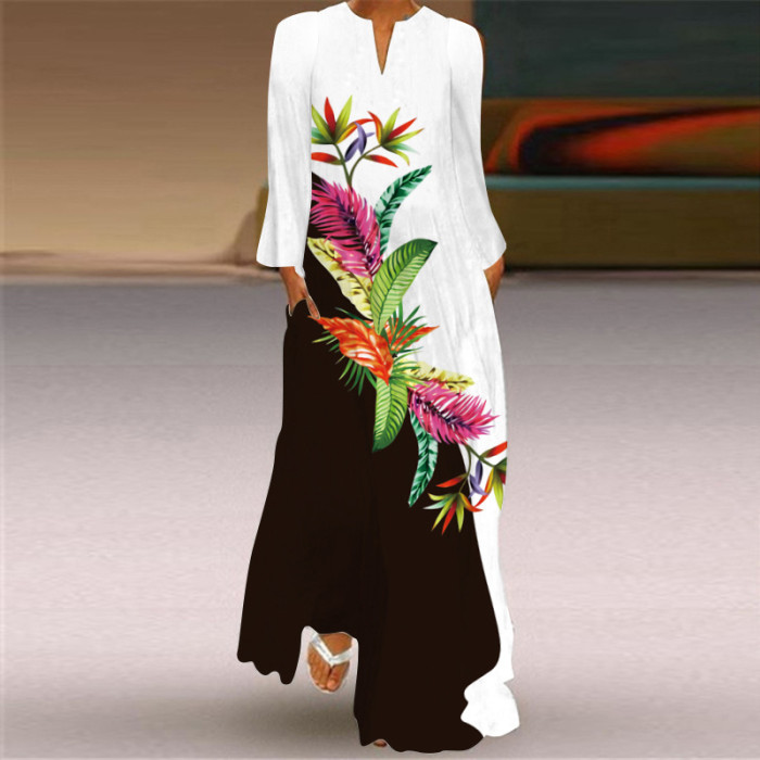 Bohemian Long Sleeve Loose V Neck Casual Pocket Print Maxi Dress