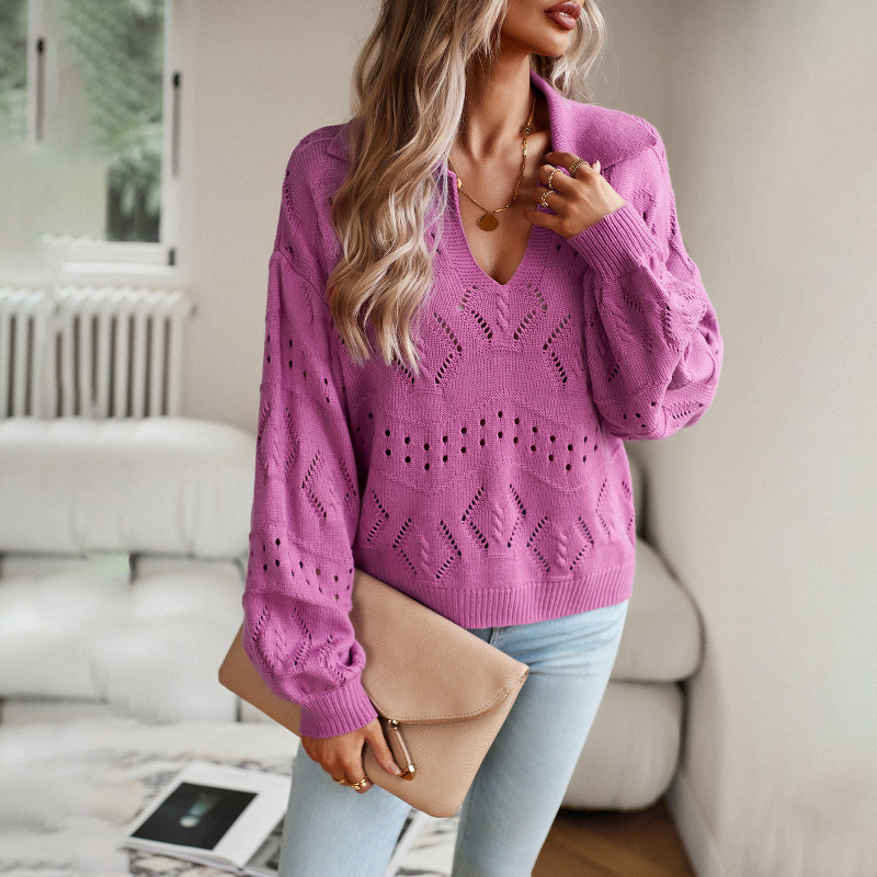 Women's Fashion Casual Solid Color PoLo Collar Long Sleeve Knitted Sweater