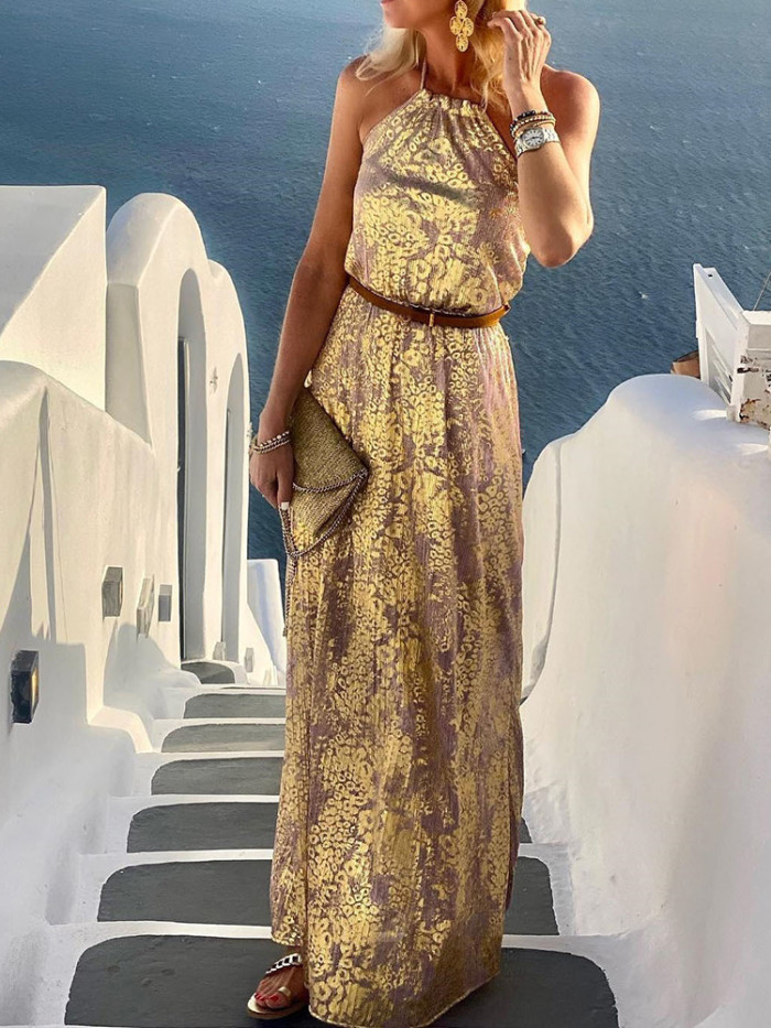 Women Casual Sleeveless Print Loose Beach Style Maxi Dress