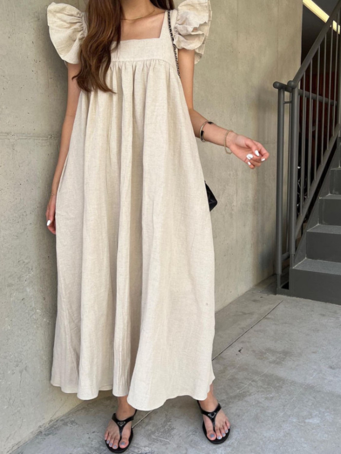 Women Fashion Short Sleeve Vintage Oversize Casual Streetwear Maxi Dress