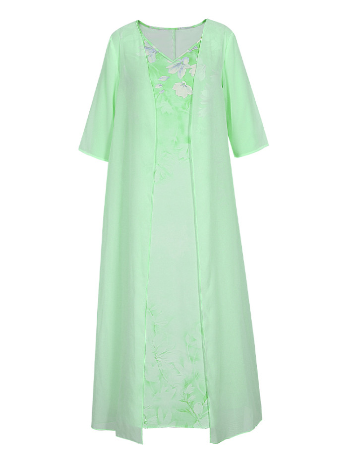 Women's Elegant Print Dress V Neck Casual Fashion Long Sleeved Loose Two-piece Dress